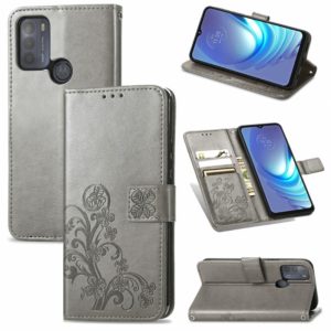 For Motorola Moto G50 Four-leaf Clasp Embossed Buckle Mobile Phone Protection Leather Case with Lanyard & Card Slot & Wallet & Bracket Function(Grey) (OEM)