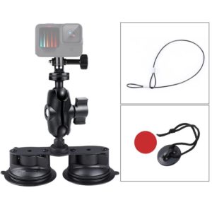 Dual Suction Cup Mount Holder with Tripod Adapter & Steel Tether & Safety Buckle (Black) (OEM)