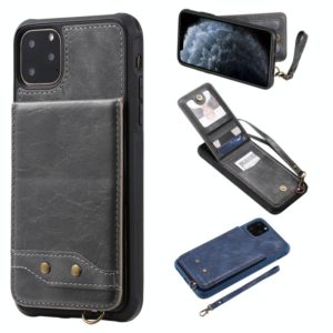 For iPhone 11 Pro Max Vertical Flip Shockproof Leather Protective Case with Short Rope, Support Card Slots & Bracket & Photo Holder & Wallet Function(Gray) (OEM)