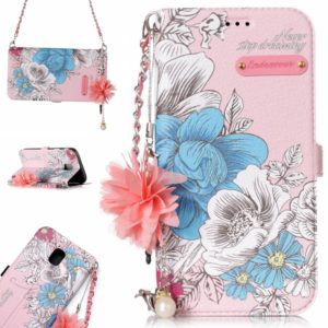 For Galaxy J3 (2017) (EU Version) Pink Background Blue Rose Pattern Horizontal Flip Leather Case with Holder & Card Slots & Pearl Flower Ornament & Chain (OEM)