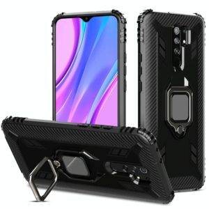 For Xiaomi Redmi 9 Carbon Fiber Protective Case with 360 Degree Rotating Ring Holder(Black) (OEM)