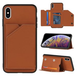 For iPhone X / XS Skin Feel PU + TPU + PC Back Cover Shockproof Case with Card Slots & Holder & Photo Frame(Brown) (OEM)