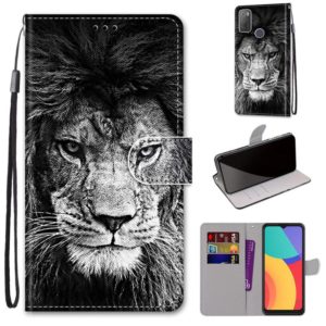 For Alcatel 3L 2021 Coloured Drawing Cross Texture Horizontal Flip PU Leather Case with Holder & Card Slots & Wallet & Lanyard(Black White Lion Head) (OEM)
