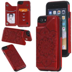 For iPhone SE 2022 / SE 2020 / 8 / 7 Flower Embossing Pattern Shockproof Protective Case with Holder & Card Slots & Photo Frame(Red) (OEM)