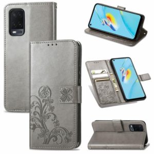 For OPPO A54 4G Four-leaf Clasp Embossed Buckle Mobile Phone Protection Leather Case with Lanyard & Card Slot & Wallet & Bracket Function(Grey) (OEM)