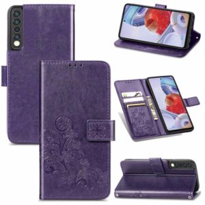 For LG Stylo 7 4G Four-leaf Clasp Embossed Buckle Mobile Phone Protection Leather Case with Lanyard & Card Slot & Wallet & Bracket Function(Purple) (OEM)