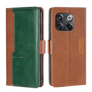 For OnePlus 10T Contrast Color Side Buckle Leather Phone Case(Light Brown + Green) (OEM)