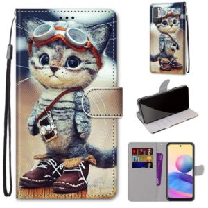 For Xiaomi Redmi Note 10 5G Coloured Drawing Cross Texture Horizontal Flip PU Leather Case with Holder & Card Slots & Wallet & Lanyard(Leather Shoes Cat) (OEM)