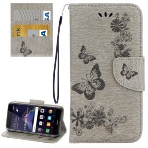 For Huawei P8 Lite (2017) Butterflies Embossing Horizontal Flip Leather Case with Holder & Card Slots & Wallet & Lanyard (Grey) (OEM)