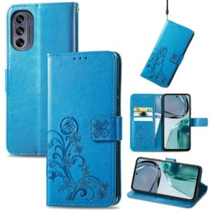 For Motorola Moto G62 Four-leaf Clasp Embossed Buckle Leather Phone Case(Blue) (OEM)