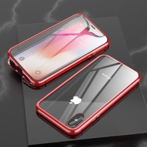 For iPhone XR Ultra Slim Double Sides Magnetic Adsorption Angular Frame Tempered Glass Magnet Flip Case(Red) (OEM)