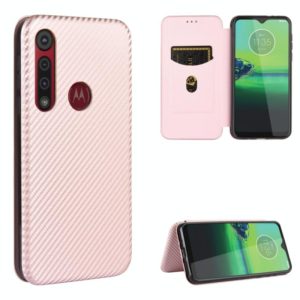 For Motorola Moto One Macro / G8 Play Carbon Fiber Texture Horizontal Flip TPU + PC + PU Leather Case with Rope & Card Slot(Pink) (OEM)
