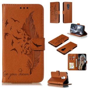 Feather Pattern Litchi Texture Horizontal Flip Leather Case with Wallet & Holder & Card Slots For Motorola Moto G7 Power(Brown) (OEM)