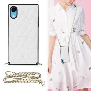 For iPhone XR Elegant Rhombic Pattern Microfiber Leather +TPU Shockproof Case with Crossbody Strap Chain(White) (OEM)