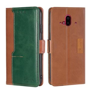 For Fujitsu Arrows F-52B Contrast Color Side Buckle Leather Phone Case(Light Brown + Green) (OEM)