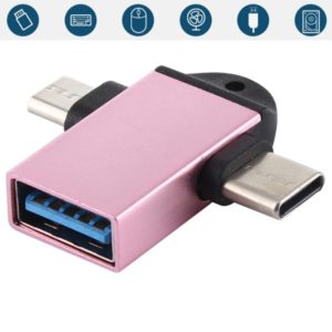USB 3.0 Female to USB-C / Type-C Male + Micro USB Male Multi-function OTG Adapter with Sling Hole (Rose Gold) (OEM)