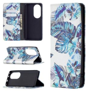 For Huawei P50 Pro Colored Drawing Pattern Invisible Magnetic Horizontal Flip PU Leather Case with Holder & Card Slots & Wallet(Blue Leaves) (OEM)