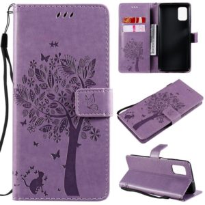For Samsung Galaxy M51 Tree & Cat Pattern Pressed Printing Horizontal Flip PU Leather Case with Holder & Card Slots & Wallet & Lanyard(Light Purple) (OEM)