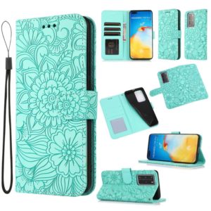 For Huawei P40 Pro Skin Feel Embossed Sunflower Horizontal Flip Leather Case with Holder & Card Slots & Wallet & Lanyard(Green) (OEM)