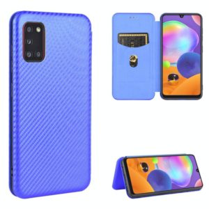 For Samsung Galaxy A31 Carbon Fiber Texture Horizontal Flip TPU + PC + PU Leather Case with Rope & Card Slot(Blue) (OEM)