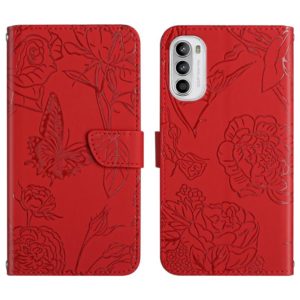 For Motorola Moto G52 Skin Feel Butterfly Peony Embossed Leather Phone Case(Red) (OEM)