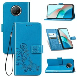 For Xiaomi Redmi Note 9 5G Four-leaf Clasp Embossed Buckle Mobile Phone Protection Leather Case with Lanyard & Card Slot & Wallet & Bracket Function(Blue) (OEM)