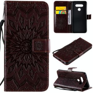 For LG K51 Pressed Printing Sunflower Pattern Horizontal Flip PU Leather Case Holder & Card Slots & Wallet & Lanyard(Brown) (OEM)