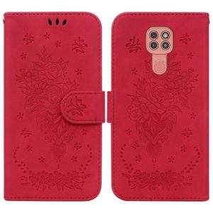 For Motorola Moto G9 Plus Butterfly Rose Embossed Leather Phone Case(Red) (OEM)