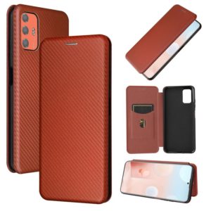 For HTC Desire 21 Pro Carbon Fiber Texture Horizontal Flip TPU + PC + PU Leather Case with Card Slot(Brown) (OEM)