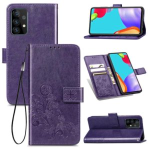 For Samsung Galaxy A72 5G / 4G Four-leaf Clasp Embossed Buckle Mobile Phone Protection Leather Case with Lanyard & Card Slot & Wallet & Bracket Function(Purple) (OEM)
