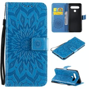 For LG K61 Pressed Printing Sunflower Pattern Horizontal Flip PU Leather Case Holder & Card Slots & Wallet & Lanyard(Blue) (OEM)