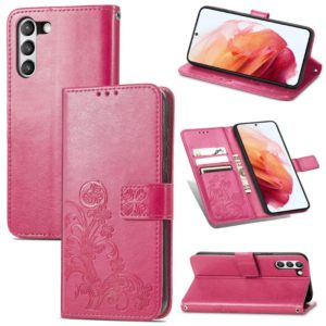 For Samsung Galaxy S21 FE Four-leaf Clasp Embossed Buckle Mobile Phone Protection Leather Case with Lanyard & Card Slot & Wallet & Bracket Function(Rose Red) (OEM)