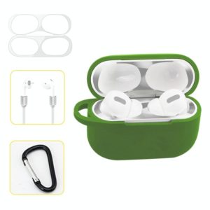 For AirPods Pro Silicone Wireless Earphone Protective Case Storage Box with Hook & Anti-drop Rope(Green+Silver Inner Sticker) (OEM)