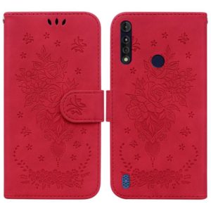 For Motorola Moto G8 Power Lite Butterfly Rose Embossed Leather Phone Case(Red) (OEM)