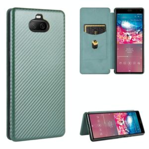 For Sony Xperia 8 Lite Carbon Fiber Texture Horizontal Flip TPU + PC + PU Leather Case with Card Slot(Green) (OEM)