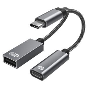 TA2Q USB-C / Type-C Male to PD 60W USB-C / Type-C Charging + USB 2.0 Female OTG Adapter(Grey) (OEM)
