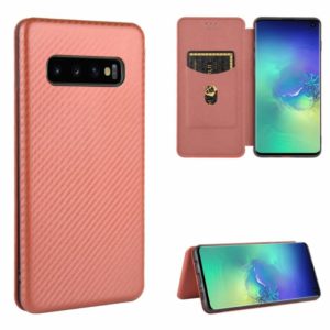 For Samsung Galaxy S10 Carbon Fiber Texture Horizontal Flip TPU + PC + PU Leather Case with Rope & Card Slot(Brown) (OEM)
