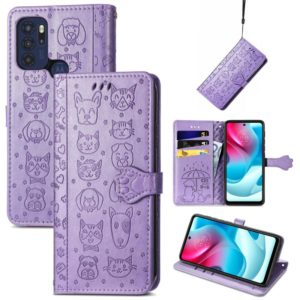 For Motorola Moto G60S Lovely Cat and Dog Embossing Pattern Horizontal Flip Leather Phone Case with Holder & Card Slots & Wallet & Cartoon Clasp & Lanyard(Purple) (OEM)