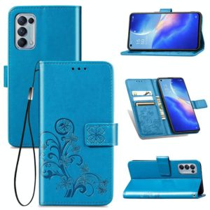 For OPPO Reno5 5G Four-leaf Clasp Embossed Buckle Leather Phone Case with Lanyard & Card Slot & Wallet & Holder(Blue) (OEM)