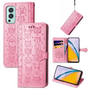 For OnePlus Nord 2 5G Lovely Cat and Dog Embossing Pattern Horizontal Flip Leather Case , with Holder & Card Slots & Wallet & Cartoon Clasp & Lanyard(Pink) (OEM)