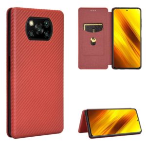 For Xiaomi Poco X3 NFC Carbon Fiber Texture Horizontal Flip TPU + PC + PU Leather Case with Card Slot(Brown) (OEM)