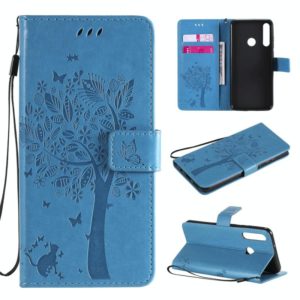 For Huawei Y6p Tree & Cat Embossed Pattern Horizontal Flip Leather Case with Holder & Card Slots & Wallet & Lanyard(Blue) (OEM)