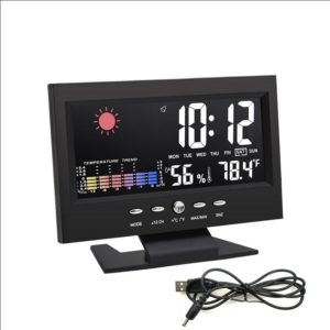 8082T Weather Forecast Clock LED Color Screen Perpetual Calendar Temperature And Humidity Intelligent Voice Control Electronic Alarm Cloc,Specification: Black + USB (OEM)