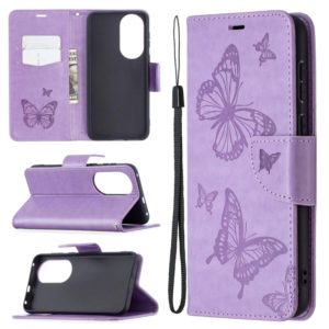 For Huawei P50 Two Butterflies Embossing Pattern Horizontal Flip Leather Case with Holder & Card Slot & Wallet & Lanyard(Purple) (OEM)