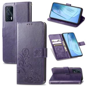 For vivo iQOO Neo5 Four-leaf Clasp Embossed Buckle Mobile Phone Protection Leather Case with Lanyard & Card Slot & Wallet & Bracket Function(Purple) (OEM)