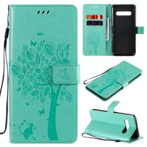 For LG V60 ThinQ 5G Tree & Cat Embossed Pattern Horizontal Flip Leather Case with Holder & Card Slots & Wallet & Lanyard(Green) (OEM)