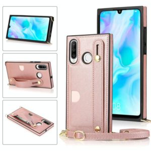 For Huawei P30 Lite Wrist Strap PU+TPU Shockproof Protective Case with Crossbody Lanyard & Holder & Card Slot(Rose Gold) (OEM)