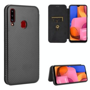 For Samsung Galaxy A20s Carbon Fiber Texture Horizontal Flip TPU + PC + PU Leather Case with Rope & Card Slot(Black) (OEM)
