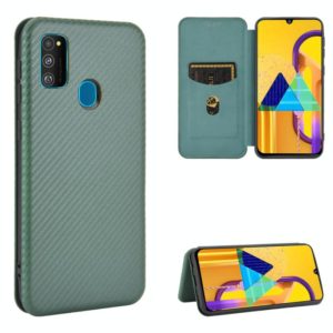 For Samsung Galaxy M30s / M21 Carbon Fiber Texture Horizontal Flip TPU + PC + PU Leather Case with Rope & Card Slot(Green) (OEM)