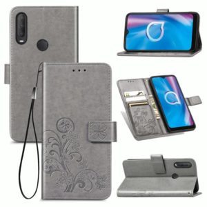 For Alcatel 1S (2020) Four-leaf Clasp Embossed Buckle Mobile Phone Protection Leather Case with Lanyard & Card Slot & Wallet & Holder Function(Gray) (OEM)